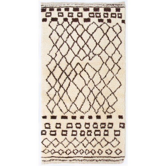Beige MOROCCAN Berber Beni Ourain Design Rug with Brown Geometrical patterns, HANDMADE, 100% Wool