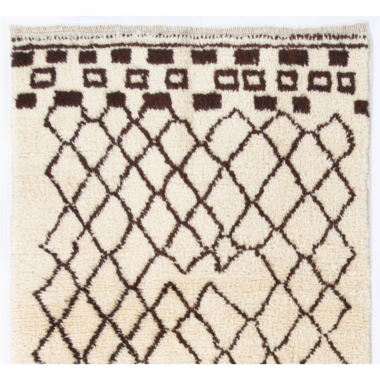 Beige MOROCCAN Berber Beni Ourain Design Rug with Brown Geometrical patterns, HANDMADE, 100% Wool