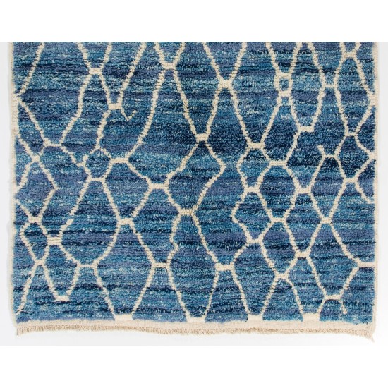 Air Force Blue color MOROCCAN Berber Beni Ourain Design Rug with Beige patterns and shades of Royal Blue and Light Blue, HANDMADE, 100% Wool