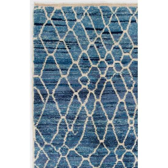 Air Force Blue color MOROCCAN Berber Beni Ourain Design Rug with Beige patterns and shades of Royal Blue and Light Blue, HANDMADE, 100% Wool