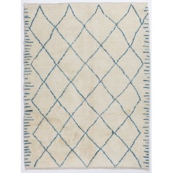 Ivory color MOROCCAN Berber Beni Ourain Design Rug with Blue patterns, HANDMADE, 100% Wool