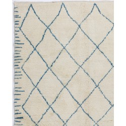 Ivory color MOROCCAN Berber Beni Ourain Design Rug with Blue patterns, HANDMADE, 100% Wool