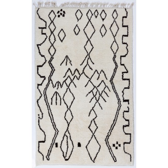 Beige color MOROCCAN Berber Beni Ourain Design Rug with Black Irregular patterns, HANDMADE, 100% Wool