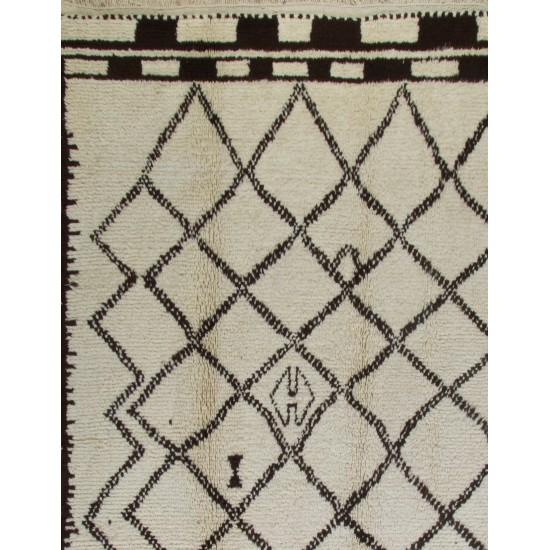 Ivory color MOROCCAN Berber Beni Ourain Design Rug with Brown Diamond and Square patterns, HANDMADE, 100% Wool