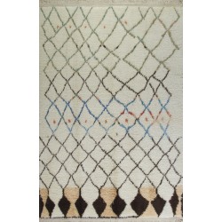 Ivory color MOROCCAN Berber Beni Ourain Design Rug with Brown, Blue, Green and Taupe Diamond patterns, HANDMADE, 100% Wool