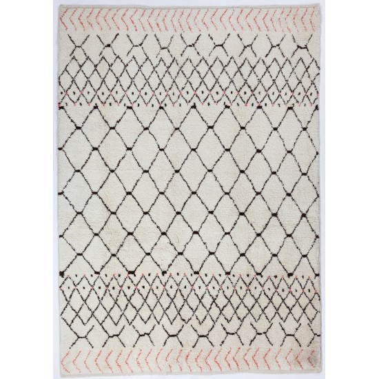 Ivory Color MOROCCAN Berber Beni Ourain Design Rug with Brown and Red Patterns, HANDMADE, 100% Wool
