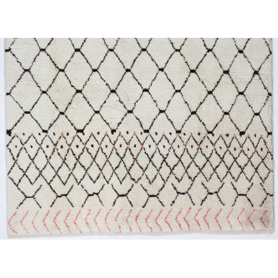 Ivory Color MOROCCAN Berber Beni Ourain Design Rug with Brown and Red Patterns, HANDMADE, 100% Wool