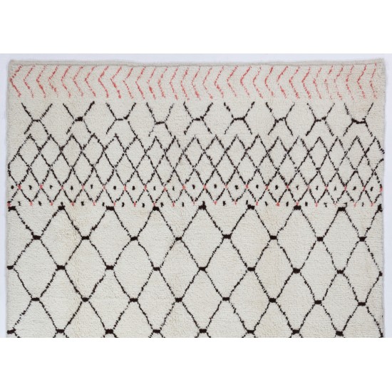 Ivory Color MOROCCAN Berber Beni Ourain Design Rug with Brown and Red Patterns, HANDMADE, 100% Wool