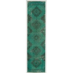 Teal Over-Dyed Vintage Handmade Turkish Runner Rug, Unique Corridor Carpet. 3.4 x 12.9 Ft (101 x 391 cm)