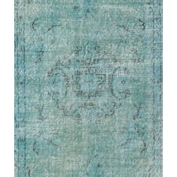 Light Blue Over-Dyed Vintage Handmade Turkish Rug, Art Deco Chinese Design Wool Carpet. 3.8 x 7 Ft (113 x 214 cm)