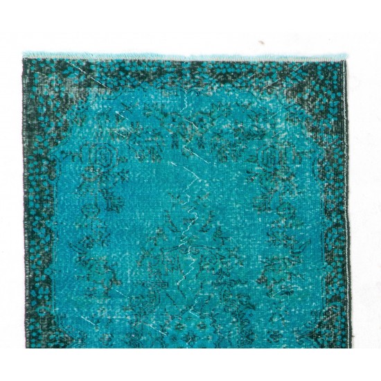 Teal Over-Dyed Vintage Handmade Turkish Rug. 4 x 7 Ft (120 x 211 cm)