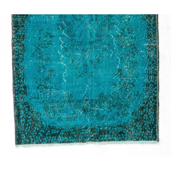 Teal Over-Dyed Vintage Handmade Turkish Rug. 4 x 7 Ft (120 x 211 cm)