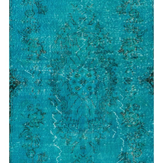 Teal Over-Dyed Vintage Handmade Turkish Rug. 4 x 7 Ft (120 x 211 cm)