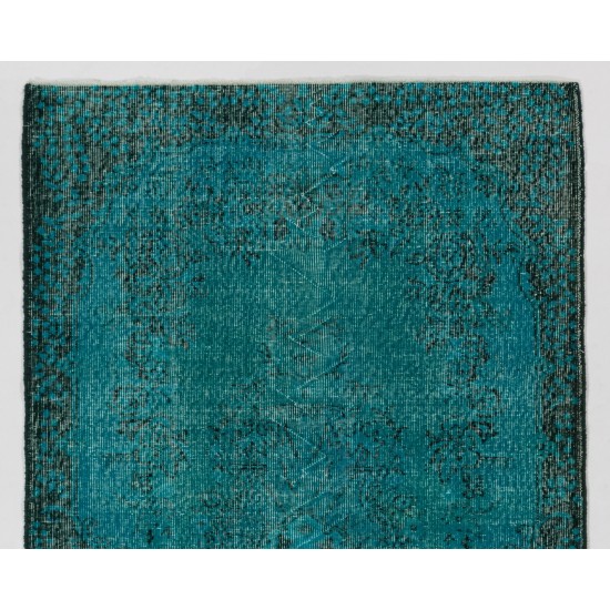 Teal Over-Dyed Vintage Handmade Turkish Rug. 4 x 6.9 Ft (122 x 210 cm)