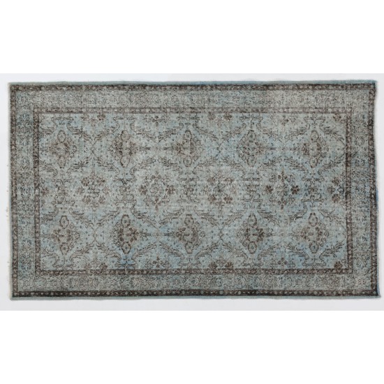 Light Blue Over-Dyed Vintage Handmade Turkish Rug. 4 x 6.9 Ft (124 x 210 cm)