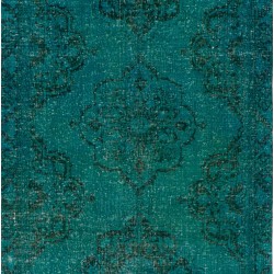 Teal Overdyed Vintage Handknotted Runner Rug, Authentic Corridor Carpet from Turkey. 4.6 x 13 Ft (138 x 399 cm)