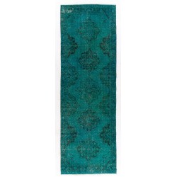 Teal Overdyed Vintage Handknotted Runner Rug, Authentic Corridor Carpet from Turkey. 4.6 x 13 Ft (138 x 399 cm)