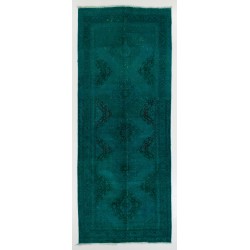 Teal Overdyed Vintage Handknotted Runner Rug, Authentic Corridor Carpet from Turkey. 4.7 x 11.8 Ft (142 x 357 cm)