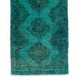 Teal Overdyed Vintage Handmade Runner Rug, Authentic Corridor Carpet from Turkey. 4.8 x 12.5 Ft (145 x 380 cm)