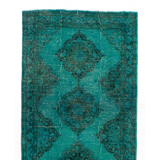 Teal Overdyed Vintage Handmade Runner Rug, Authentic Corridor Carpet from Turkey. 4.8 x 12.5 Ft (145 x 380 cm)