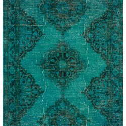 Teal Overdyed Vintage Handmade Runner Rug, Authentic Corridor Carpet from Turkey. 4.8 x 12.5 Ft (145 x 380 cm)