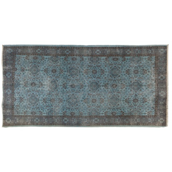 Light Blue Over-Dyed Vintage Handmade Turkish Rug. 5 x 9.9 Ft (152 x 300 cm)