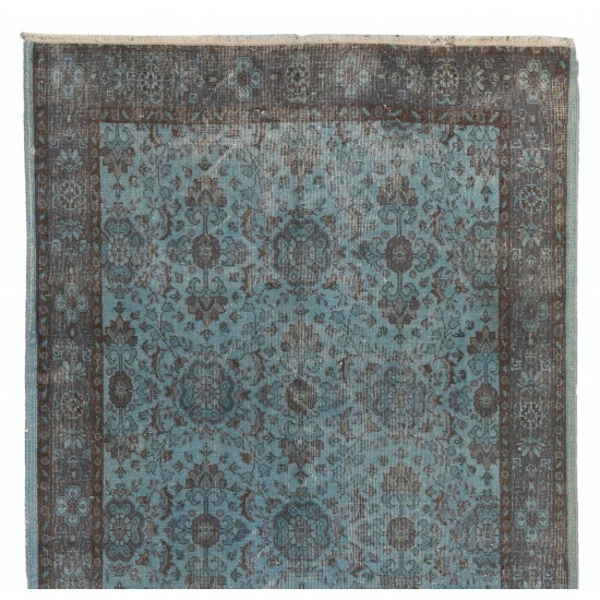 Light Blue Over-Dyed Vintage Handmade Turkish Rug. 5 x 9.9 Ft (152 x 300 cm)