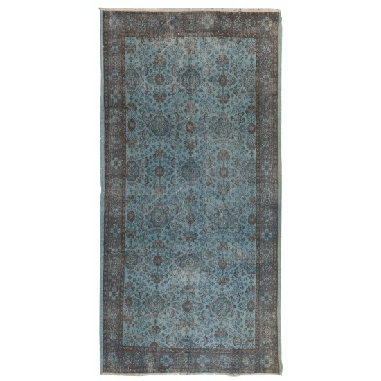 Light Blue Over-Dyed Vintage Handmade Turkish Rug. 5 x 9.9 Ft (152 x 300 cm)