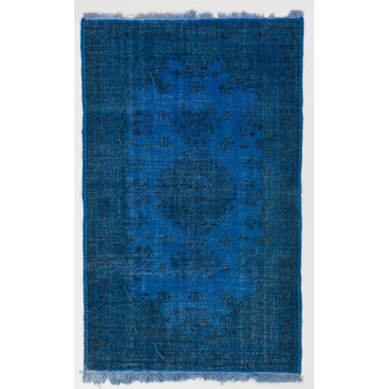 Blue Over-Dyed Vintage Handmade Turkish Rug, Woolen Floor Covering. 5.4 x 8.6 Ft (162 x 260 cm)