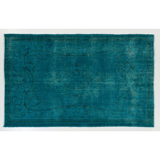 Teal Over-Dyed Vintage Handmade Turkish Rug. 5.6 x 8.9 Ft (168 x 269 cm)