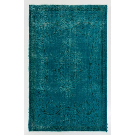 Teal Over-Dyed Vintage Handmade Turkish Rug. 5.6 x 8.9 Ft (168 x 269 cm)
