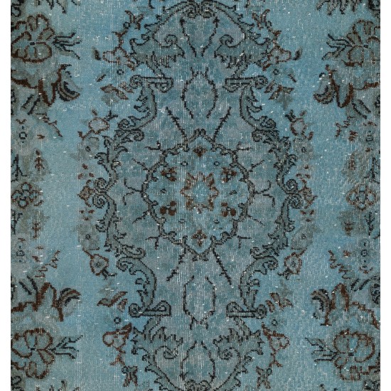Blue Over-Dyed Vintage Handmade Turkish Area Rug, Wool and Cotton Carpet. 5.9 x 9.2 Ft (178 x 280 cm)