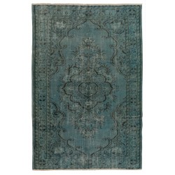 Teal Over-Dyed Vintage Handmade Turkish Area Rug, Wool and Cotton Carpet. 5.9 x 8.4 Ft (179 x 253 cm)