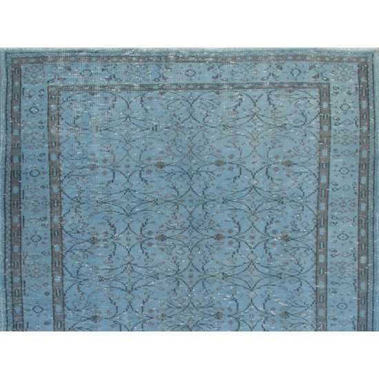 Cerulean Blue Overdyed Vintage Hand-Knotted Turkish Area Rug. 6 x 8.6 Ft (180 x 262 cm)