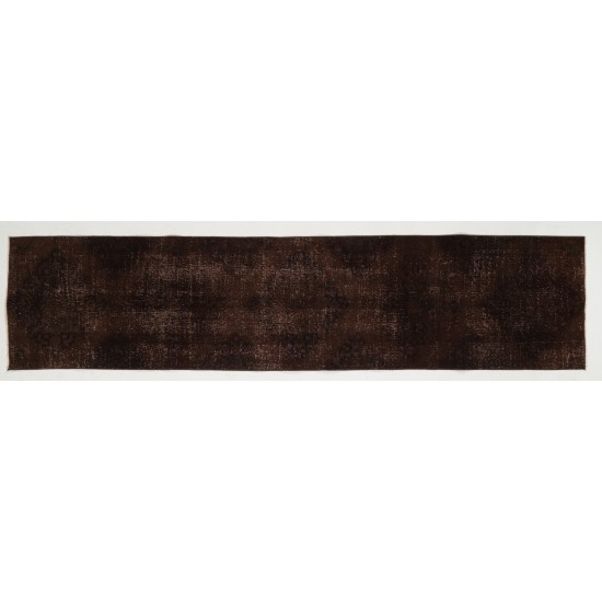 Brown Overdyed Runner Rug, Vintage Handmade Corridor Carpet from Turkey. 2.5 x 10.7 Ft (75 x 325 cm)