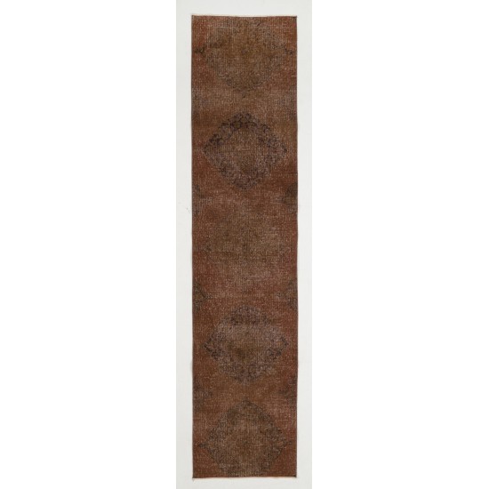 Brown Overdyed Runner Rug, Vintage Handmade Corridor Carpet from Turkey. 2.5 x 10.9 Ft (75 x 330 cm)