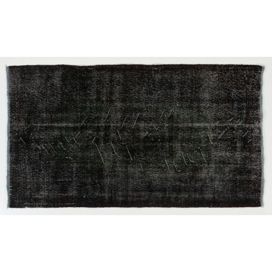 Black Over-Dyed Vintage Handmade Turkish Accent Rug for Contemporary Interiors. 3.9 x 7 Ft (116 x 214 cm)