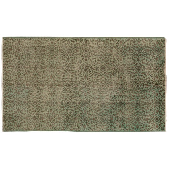 Green Overdyed Rug. Floral Patterned Hand-Knotted Vintage Turkish Carpet. 3.9 x 6.9 Ft (118 x 210 cm)