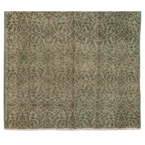 Green Overdyed Rug. Floral Patterned Hand-Knotted Vintage Turkish Carpet. 3.9 x 6.9 Ft (118 x 210 cm)