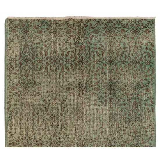 Green Overdyed Rug. Floral Patterned Hand-Knotted Vintage Turkish Carpet. 3.9 x 6.9 Ft (118 x 210 cm)