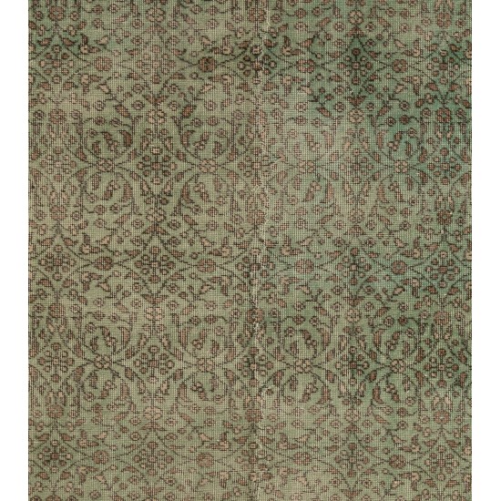 Green Overdyed Rug. Floral Patterned Hand-Knotted Vintage Turkish Carpet. 3.9 x 6.9 Ft (118 x 210 cm)