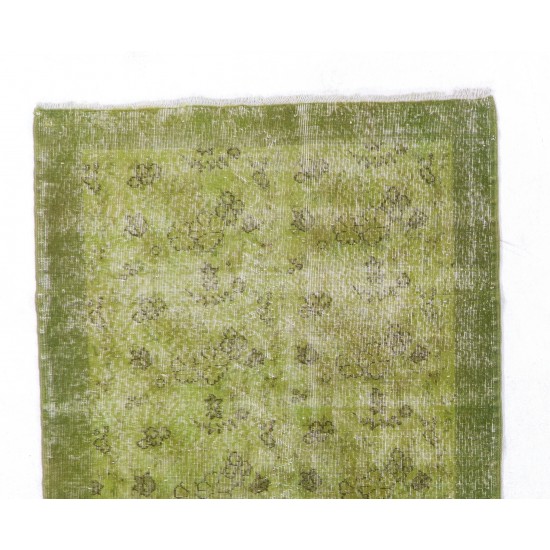 Green Overdyed Rug. Floral Patterned Hand-Knotted Vintage Turkish Carpet. 4 x 7 Ft (123 x 212 cm)