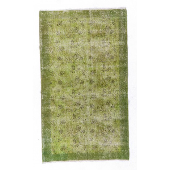 Green Overdyed Rug. Floral Patterned Hand-Knotted Vintage Turkish Carpet. 4 x 7 Ft (123 x 212 cm)