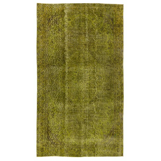 Light Green Overdyed Rug for Modern Home & Office. Hand-Knotted Vintage Turkish Carpet. 5.3 x 9.2 Ft (160 x 280 cm)