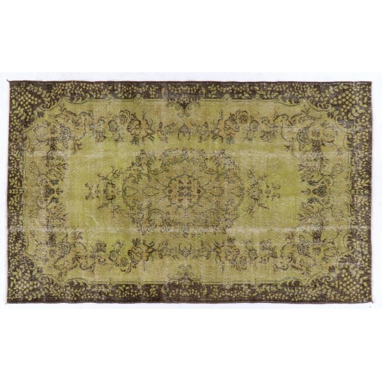 Light Green Overdyed Rug with Medallion Design. Hand-Knotted Vintage Turkish Carpet. 6.3 x 10.3 Ft (192 x 311 cm)