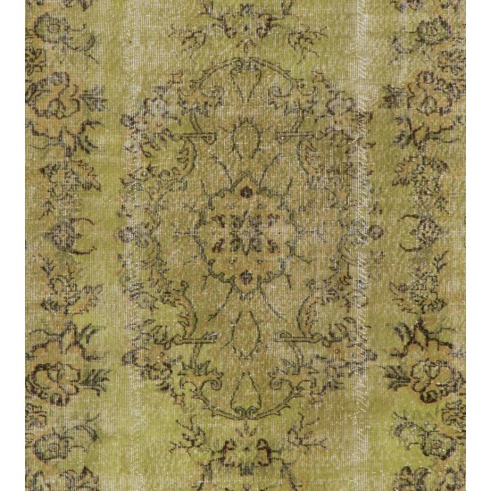 Light Green Overdyed Rug with Medallion Design. Hand-Knotted Vintage Turkish Carpet. 6.3 x 10.3 Ft (192 x 311 cm)