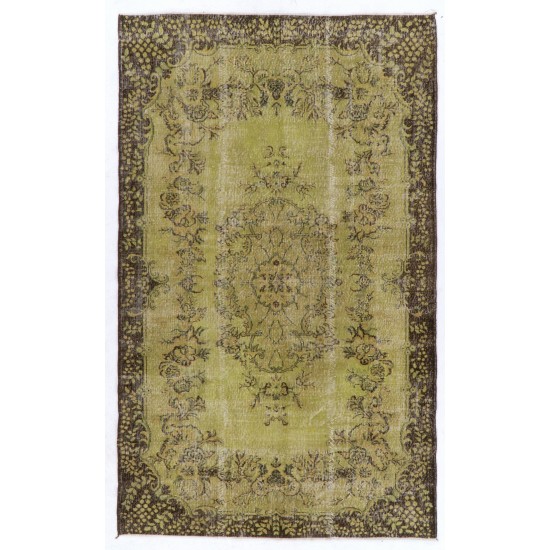 Light Green Overdyed Rug with Medallion Design. Hand-Knotted Vintage Turkish Carpet. 6.3 x 10.3 Ft (192 x 311 cm)