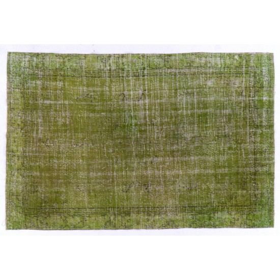 Light Green Overdyed Rug for Modern Home & Office. Hand-Knotted Vintage Turkish Carpet. 6.4 x 9.5 Ft (195 x 288 cm)