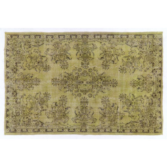 Green Overdyed Rug. Floral Garden Design Handmade Vintage Turkish Carpet. 6.6 x 10.2 Ft (200 x 310 cm)