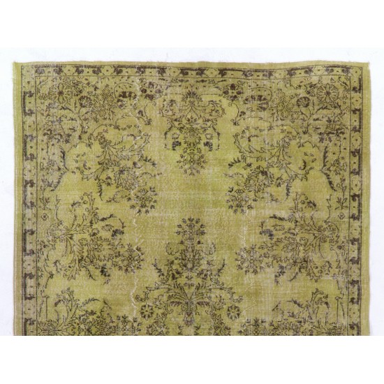 Green Overdyed Rug. Floral Garden Design Handmade Vintage Turkish Carpet. 6.6 x 10.2 Ft (200 x 310 cm)